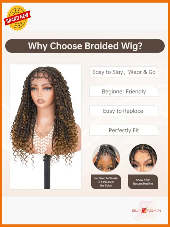 Boho Box Braid Wig Full Lace Knotless with Baby Hair Curly Ends 16 Inch